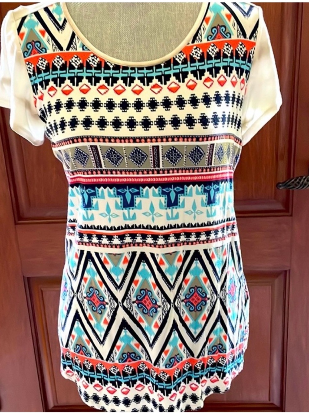 Women's TRIBAL CLOTHING BRAND  Multicolor Aztec Print Short Sleeve Top - White